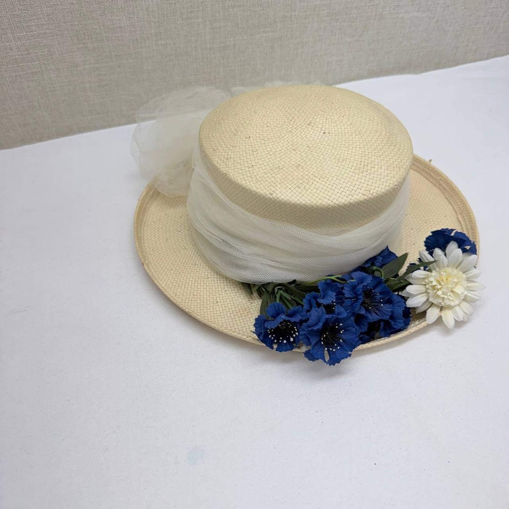 Vintage Straw Boater Hat Floral Tulle Wedding Garden Party Tan Blue White
